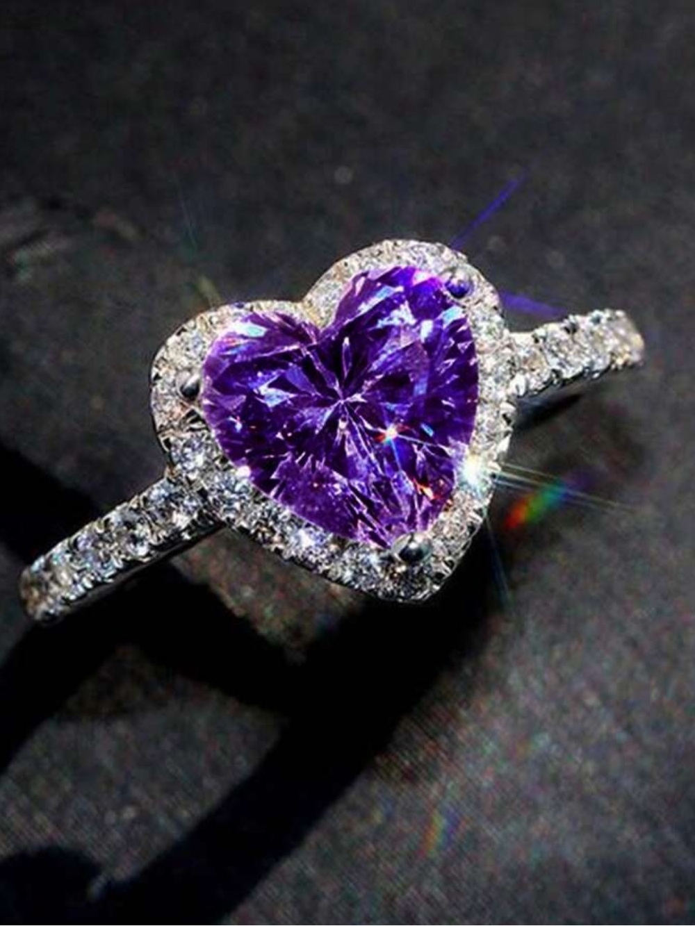 Purple Heart-Cut Crystal Halo Ring - Women Jewelry